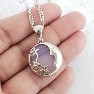 White Opal Moon Pendant Necklace, Chain Neclace with Moon & Stars Charm, 20"